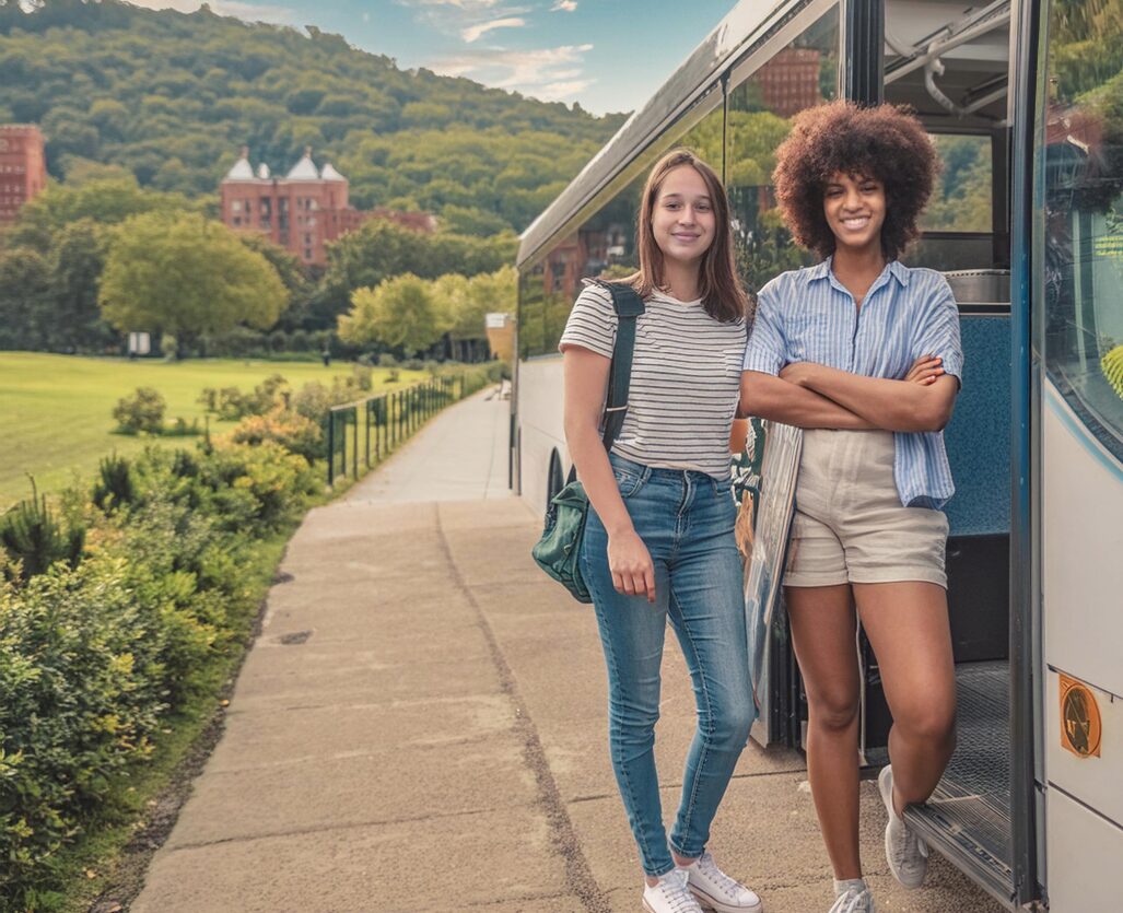 high school students getting on a tour bus